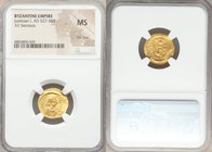 Justinian I the Great (AD 527-565). AV tremissis (18m, 7h). NGC MS, flan flaw. Constantinople. D N IVSTINI-ANVS PP AVG, pearl-diademed, draped and cui...