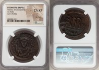 Tiberius II Constantine (AD 578-582). AE follis or 40 nummi (35mm, 7h). NGC Choice XF, flan flaw. Constantinople, 4th officina, Regnal Year 5 (AD 578/...