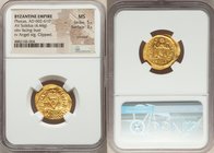 Phocas (AD 602-610). AV solidus (21mm, 4.44 gm, 7h). NGC MS 5/5 - 3/5, crimped, clipped. Constantinople, 5th officina, AD 607-609. d N FOCAS-PЄRP AVG,...