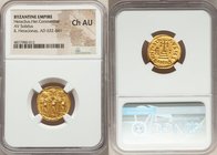 Heraclius (AD 610-641), with Heraclius Constantine and Heraclonas. AV solidus (18mm, 6h). NGC Choice AU. Constantinople, 10th officina, dated Indictio...