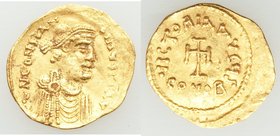 Constantine IV Pogonatus (AD 668-685). AV tremissis (16mm, 1.43 gm, 7h). XF. Constantinople. Δ N CONSTAN-TINЧS PP AV, pearl-diademed, draped and cuira...