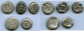 ANCIENT LOTS. Greek. Pamphylia. Aspendus. Ca. mid-5th century BC. Lot of five (5) AR staters. Fine-VF, test cuts. Includes: Hoplite and triskeles. Fiv...