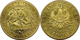 Republic gold 1000 Schilling 1976 MS66 NGC, KM2933. A non-circulating issue struck for the Babenberg Dynasty millennium depicting Duke Friedrich II. A...
