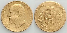 Ferdinand I gold 20 Leva 1912 VF (mount removed), KM33. 20.9mm. 6.36gm. Issued for the declaration of independence. AGW 0.1867 oz. 

HID09801242017