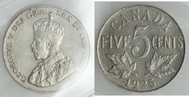 George V 5 Cents 1925 AU55 ICCS, Ottawa mint, KM29. Lowest mintage of type and one of the two key dates in series. 

HID09801242017