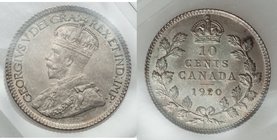 George V Pair of Certified 10 Cents ICCS, 1) 10 Cents 1920 - MS63, Ottawa mint, KM23a 2) 10 Cents 1921 - AU55, Ottawa mint, KM23a Sold as is, no retur...