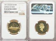 Elizabeth II gold Proof 100 Dollars 1991 PR69 Ultra Cameo NGC, Royal Canadian Mint, KM180. S.S. Empress of India commemorative. AGW 0.2499 oz. 

HID09...