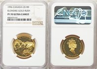 Elizabeth II gold Proof 100 Dollars 1996 PR70 Ultra Cameo NGC, Royal Canadian Mint, KM273. Klondike gold rush centennial. AGW 0.2499 oz. 

HID09801242...