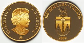 Elizabeth II gold Proof "Yukon" 300 Dollars 2009, Royal Canadian Mint, KM900. 50mm. 60.00gm. Mintage: 325. Included with COA and box of issue. AGW 1.1...