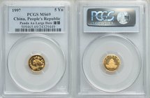 People's Republic gold "Large Date" Panda 5 Yuan (1/20 oz) 1997 MS69 PCGS, KM985. Mintage: 5,000. AGW 0.499 oz. 

HID09801242017