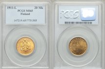 Russian Duchy. Nicholas II gold 20 Markkaa 1911-L MS65 PCGS, Helsinki mint, KM9.2. Full mint bloom. 

HID09801242017