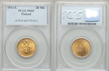 Russian Duchy. Nicholas II gold 20 Markkaa 1911-L MS65 PCGS, Helsinki mint, KM9.2. Sparkling luster and virtually mark free fields. A premium example....