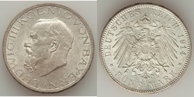 Bavaria. Ludwig III 5 Marks 1914-D UNC, Munich mint, KM1007. 37.9mm. 27.75gm. One year type and only 5 mark of this emperor. Lustrous issue sheathed i...