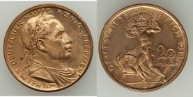 Prussia. Wilhelm II Pair of 20 Mark Goetz Patterns, 1) copper 20 Mark 1913 - Proof (Spots), Schaaf-253/G1. 22.6mm. 4.30gm 2) gilt-copper 20 Mark 1913 ...