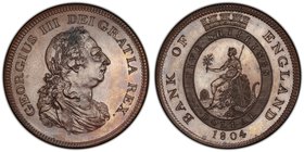 George III copper Proof Bank of England Dollar of 5 Shillings 1804 UNC Details (Bent) PCGS, KM-Tn1a. ESC-1934. Glossy surface with deep chocolate-brow...