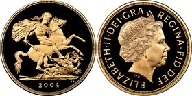 Elizabeth II gold Proof 5 Pounds 2004 PR69 Ultra Cameo NGC, KM1003. Mintage: 1,750. AGW 1.1775 oz. 

HID09801242017