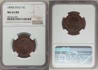 Umberto I 5 Centesimi 1896-R MS65 Brown NGC, Rome mint, KM31. Lovely red undertones. 

HID09801242017