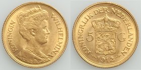 Wilhelmina gold 5 Gulden 1912 AU, KM151. 17.9mm. 3.37gm. AGW 0.0972 oz. 

HID09801242017