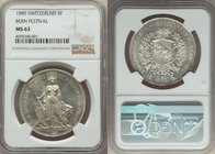 Confederation "Bern Shooting Festival" 5 Francs 1885 MS63, NGC, KM-XS17, R-193. Mintage: 25,000. Semi-prooflike surfaces, with just a few marks commen...