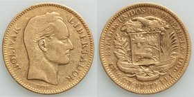 Republic gold 20 Bolivares 1879 VF, KM-Y32. 21.2mm. 6.39gm. First year of type. AGW 0.1867 oz. 

HID09801242017