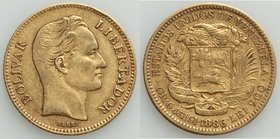 Republic gold 20 Bolivares 1886 XF, KM-Y32. 21.2mm. 6.44gm. AGW 0.1867 oz. 

HID09801242017