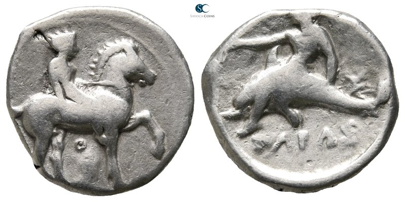Calabria. Tarentum circa 365-355 BC. 
Nomos AR

20 mm., 7 g.

Youth on hors...