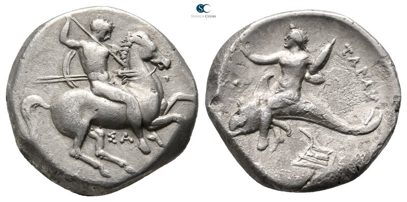 Calabria. Tarentum circa 325-281 BC. 
Nomos AR

20 mm., 7,60 g.

Nude horse...