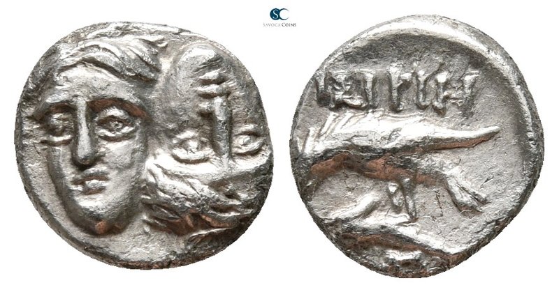 Moesia. Istros circa 400-350 BC. 
Diobol AR

11 mm., 1,12 g.

Two young mal...