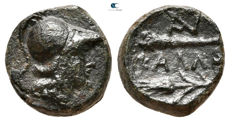 Moesia. Kallatis circa 300-100 BC. 
Bronze Æ

17 mm., 2,89 g.

Head of Athe...