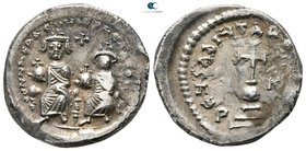 Heraclius with Heraclius Constantine AD 610-641. Struck circa AD 632-635. Constantinople. Hexagram AR