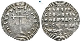 Basil II Bulgaroktonos, with Constantine VIII AD 976-1025. Struck AD 977. Constantinople. Miliaresion AR. Class I