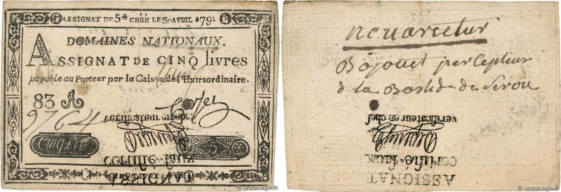 Country : FRANCE 
Face Value : 5 Livres Faux 
Date : 30 avril 1791 
Period/Pr...