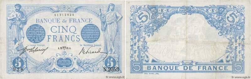 Country : FRANCE 
Face Value : 5 Francs BLEU 
Date : 23 avril 1913 
Period/Pr...