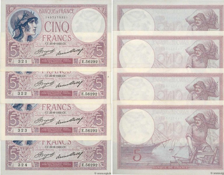 Country : FRANCE 
Face Value : 5 Francs VIOLET Consécutifs 
Date : 22 juin 193...