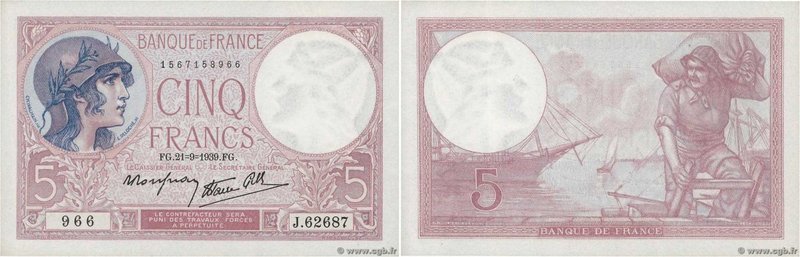 Country : FRANCE 
Face Value : 5 Francs VIOLET modifié 
Date : 21 septembre 19...