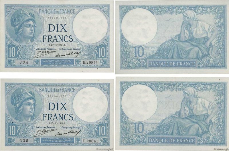 Country : FRANCE 
Face Value : 10 Francs MINERVE Consécutifs 
Date : 25 octobr...