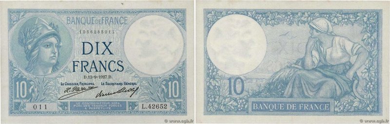 Country : FRANCE 
Face Value : 10 Francs MINERVE 
Date : 13 septembre 1927 
P...