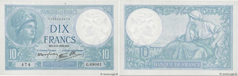 Country : FRANCE 
Face Value : 10 Francs MINERVE modifié 
Date : 06 avril 1939...