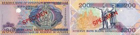 Country : VANUATU 
Face Value : 200 Vatu Spécimen 
Date : (1995) 
Period/Province/Bank : Banque de Réserve de Vanuatu 
Catalogue reference : P.8as...
