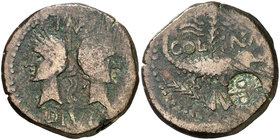(después 16/15 a.C.). Agripa y Augusto. Nemausus (Nimes). Dupondio. (Spink 1729) (Co. 7) (RIC. 157). 12,78 g. Contramarca DD en reverso. MBC-.