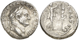 (72-73 d.C.). Vespasiano. Denario. (Spink 2317) (S. 618) (RIC. 362). 3,02 g. Ex Colección Manuela Etcheverría. MBC.