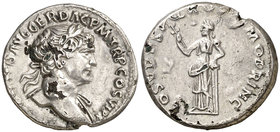 (109 d.C.). Trajano. Denario forrado. (Spink 3126 var) (S. falta) (RIC. falta). 2,45 g. Híbrida. (MBC+).
