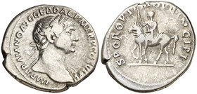 (113 d.C.). Trajano. Denario. (Spink 3166) (S. 497a) (RIC. 291 var). 3,27 g. MBC.