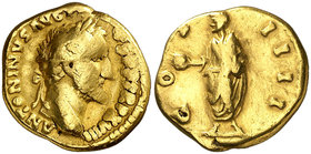 (151-152 d.C.). Antonino pío. Áureo. (Spink 4004 var) (Co. 316) (RIC. 241) (Calicó 1531a). 6,90 g. Anverso limado. BC/MBC.