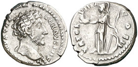 (153-154 d.C.). Marco Aurelio. Denario. (Spink 4791) (S. 663) (RIC. 459, de Antonino pío). 3,34 g. Ex Colección Manuela Etcheverría. MBC.