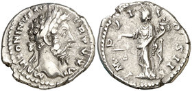 (172 d.C.). Marco Aurelio. Denario. (Spink 4903) (S. 257) (RIC. 252). 3,46 g. Ex Colección Manuela Etcheverría. MBC+.