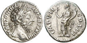 (174 d.C.). Marco Aurelio. Denario. (Spink 4908) (S. 331) (RIC. 304). 3,38 g. Ex Colección Manuela Etcheverría. MBC+.
