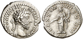 (166 d.C.). Marco Aurelio. Denario. (Spink 4915) (S. 435) (RIC. 159, mal descrita). 3,48 g. MBC+.