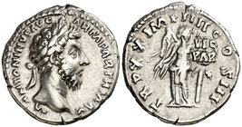 (166 d.C.). Marco Aurelio. Denario. (Spink 4933) (S. 878) (RIC. 163). 3,45 g. Ex Colección Manuela Etcheverría. MBC.