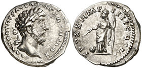 (168 d.C.). Marco Aurelio. Denario. (Spink 4935) (S. 890) (RIC. 176). 3,42 g. Ex Colección Manuela Etcheverría. MBC+.